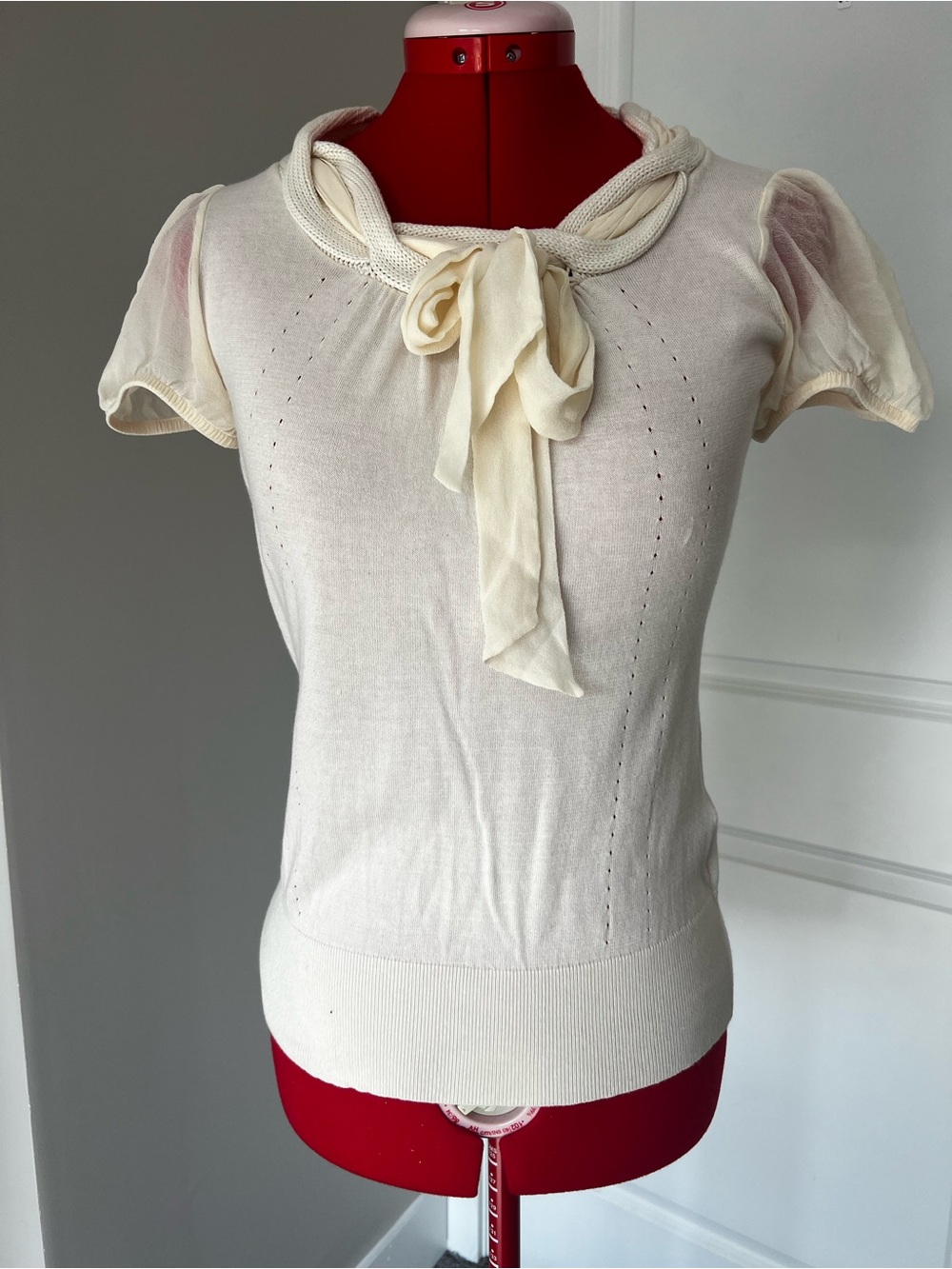 Ted Baker Cream Tie-Neck Short Sleeve Knit Top